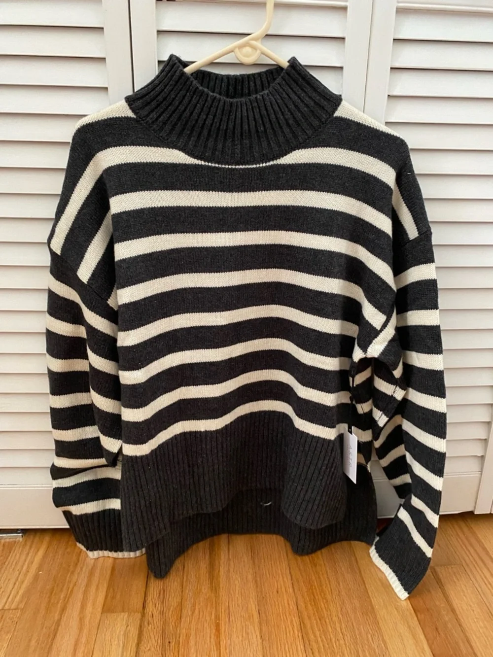 Astr Striped Charcoal & Cream Turtleneck Sweater - Picture 6 of 7